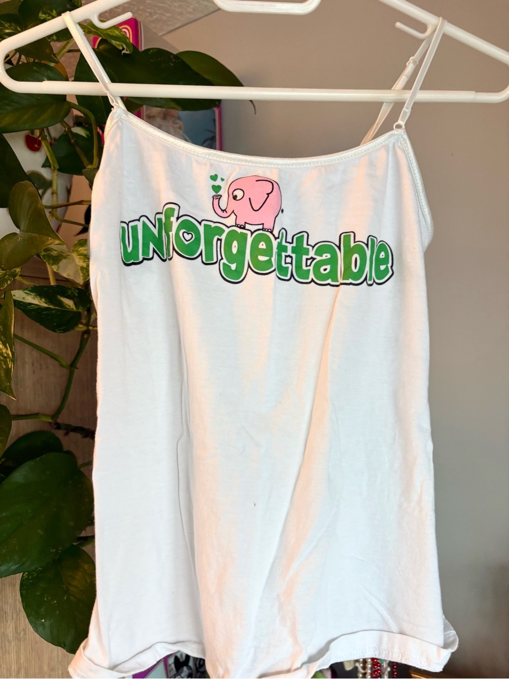 VINTAGE Unforgettable White Spaghetti Strap Tank with Pink Elephant Graphic